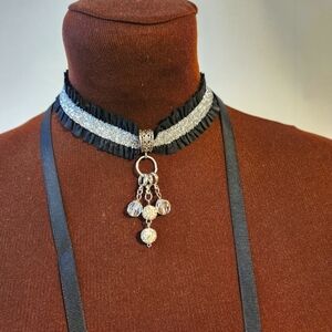 Hand Crafted Lace Choker Necklace  Black Silver Pendant 13" Plus Ribbon …